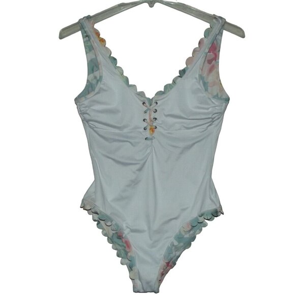 CUPSHE One Piece Swimsuit Womens Large lace up v-neck scalloped green coral pink - Picture 6 of 9